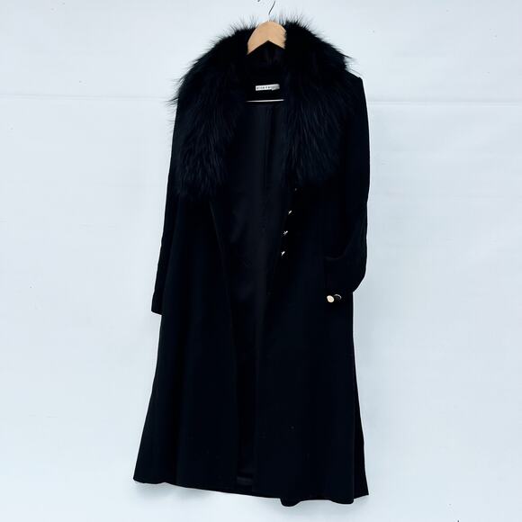 Alice + Olivia Fox Fur Mob Wife Long Wool Trench Coat Jacket Button Medium Black - Picture 12 of 13